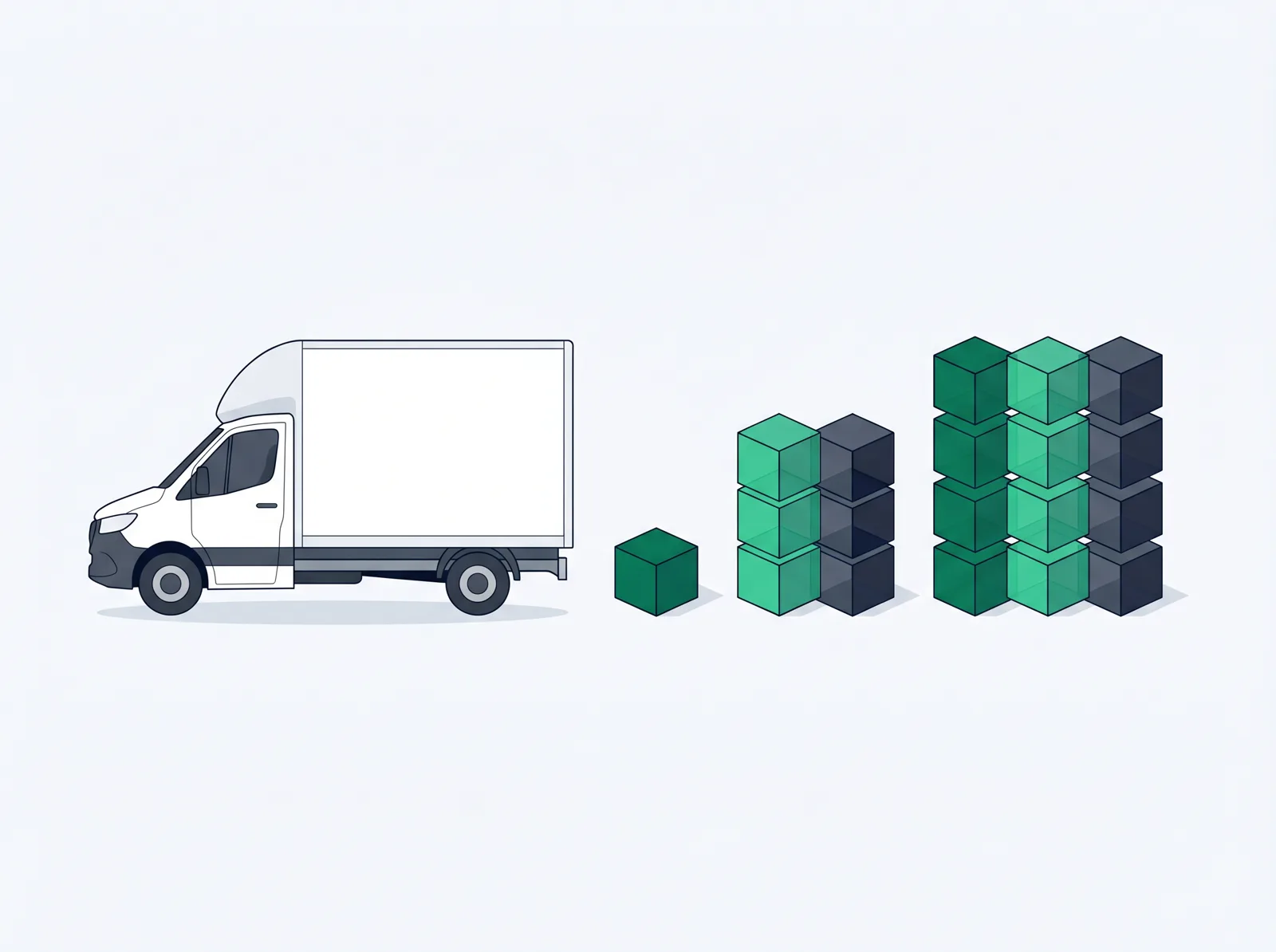 Illustration of cubic-yard rubbish load sizes shown against the van for scale